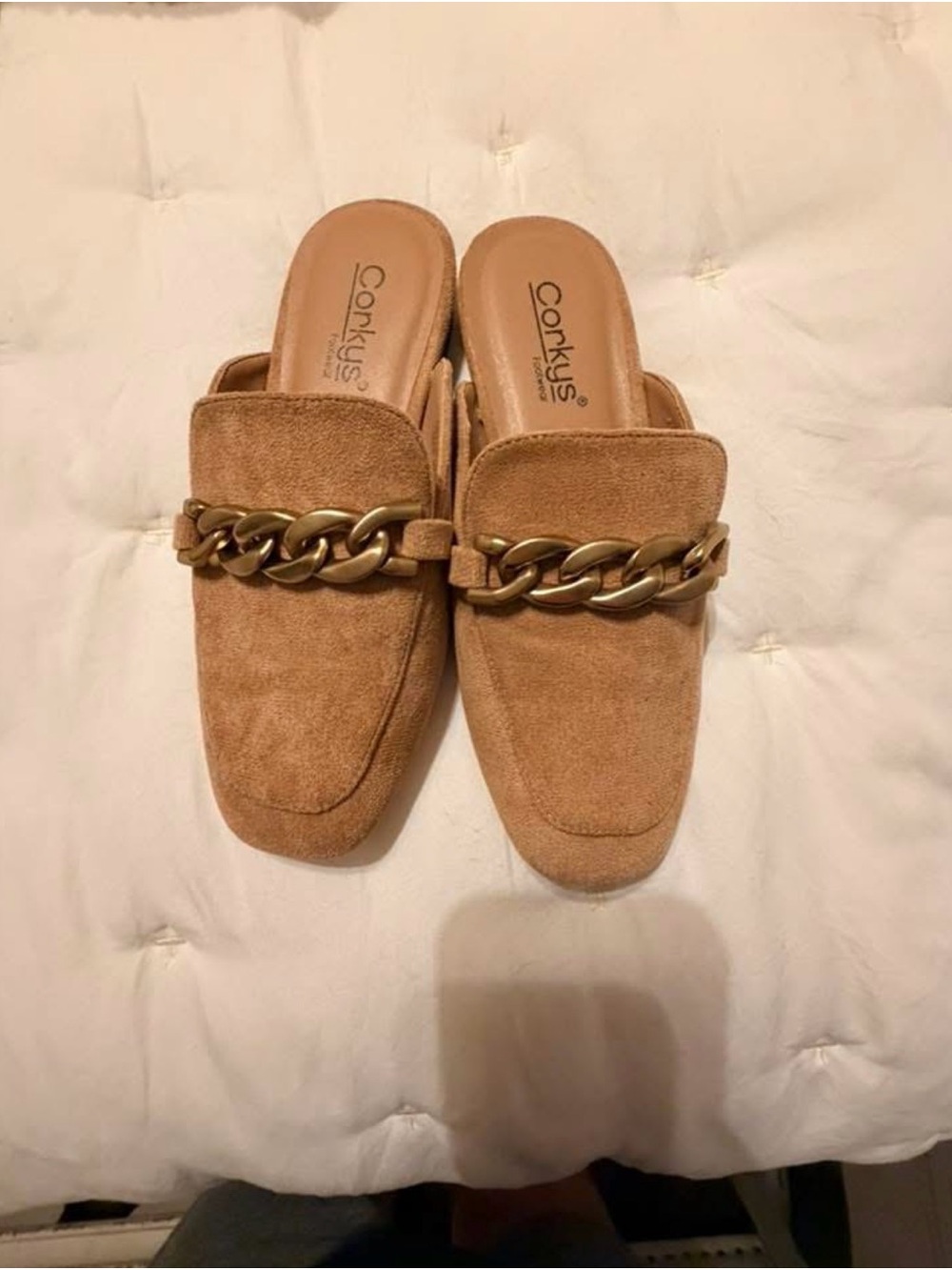 Corkys Tan Suede Chain-Detail Mule Loafers